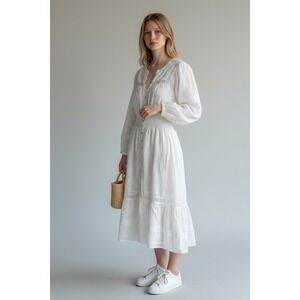 Cleobella White Cotton Smocked Waist Button Front Midi Dress Size S Boho Lace